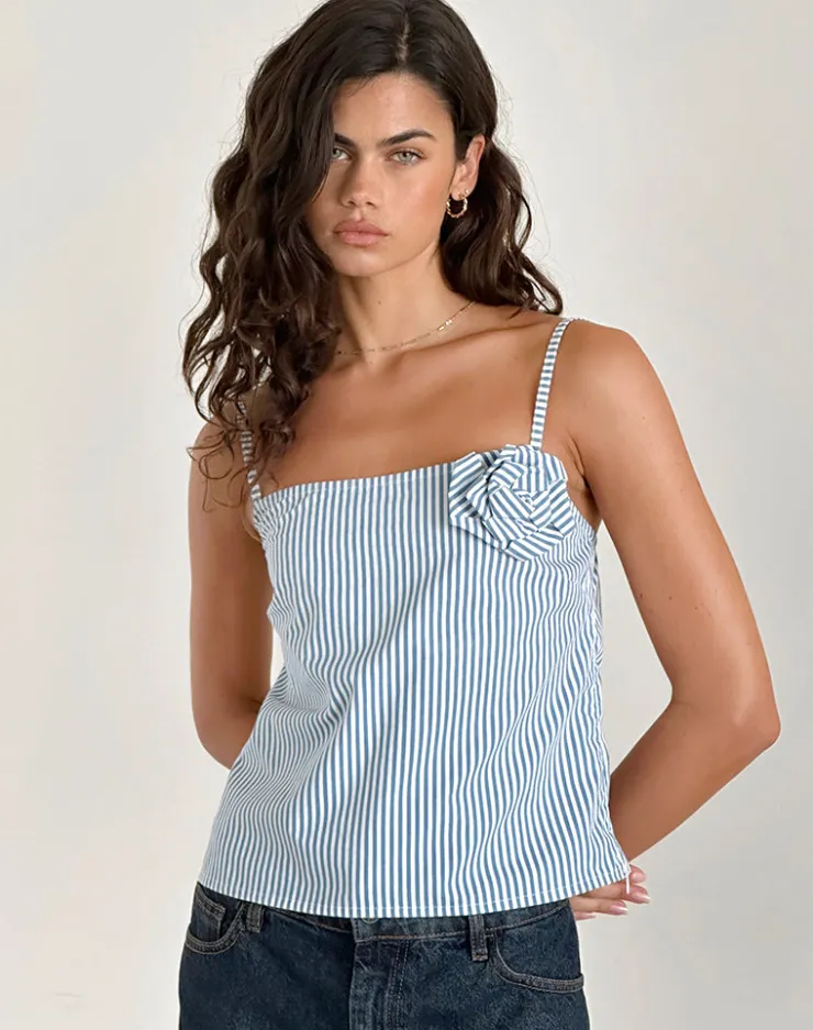 Women Motel Rocks Going Out Tops | Strappy Tops | Flowa Top in Blue Small Vertical Stripe with Rosette