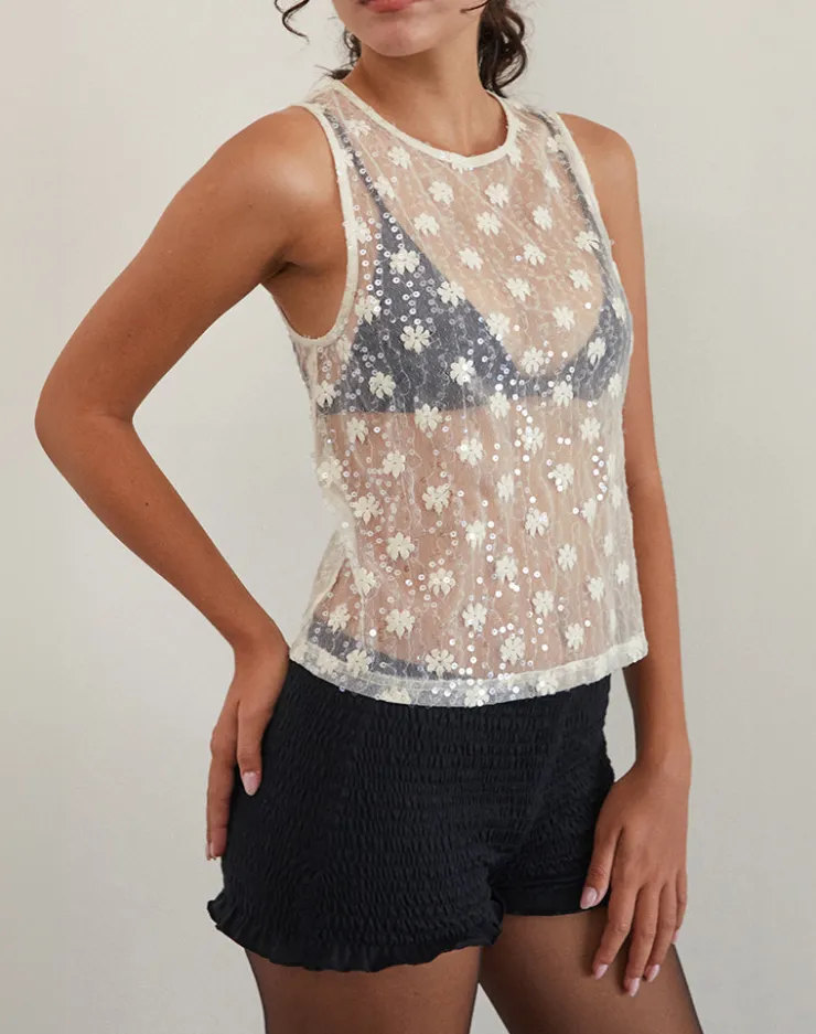 Women Motel Rocks Vest Tops | Sequin Tops | Franka Tank Top in Sequin Lace Ivory