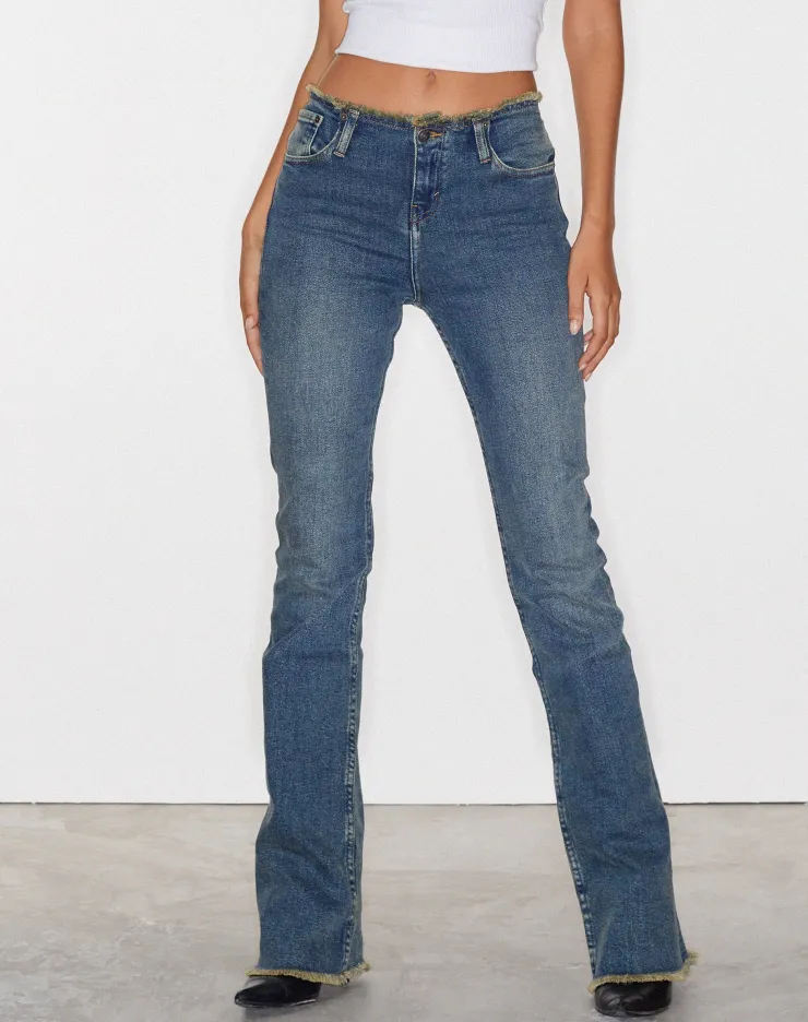 Women Motel Rocks Jeans | Flared Jeans | Frayed Low Rise Jeans in Brown Blue Acid