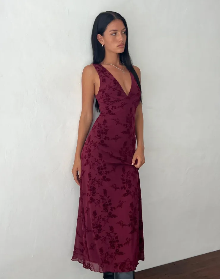 Women Motel Rocks Printed Dresses | Day Dresses | Gabriela Midi Dress in Botanical Flower Maroon