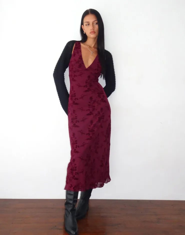 Women Motel Rocks Printed Dresses | Day Dresses | Gabriela Midi Dress in Botanical Flower Maroon