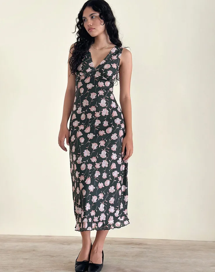 Women Motel Rocks Printed Dresses | Midi Dresses | Gabriela Midi Dress in Falling Rose Jet Black