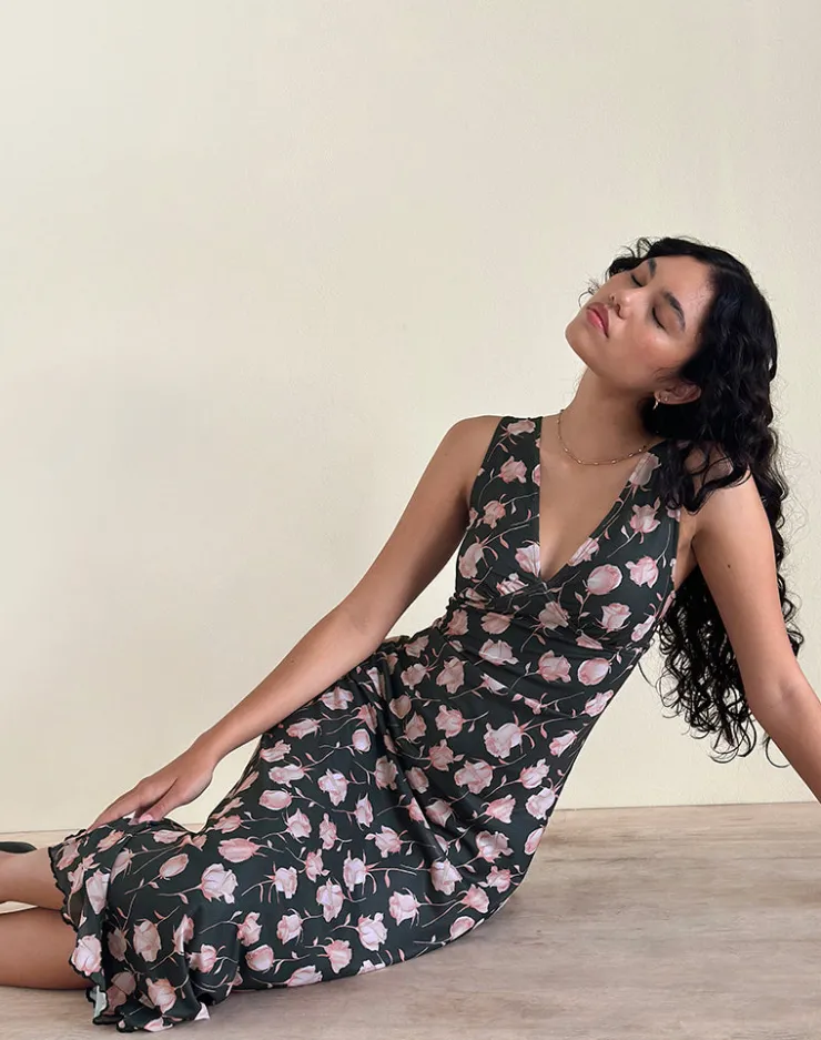 Women Motel Rocks Printed Dresses | Midi Dresses | Gabriela Midi Dress in Falling Rose Jet Black