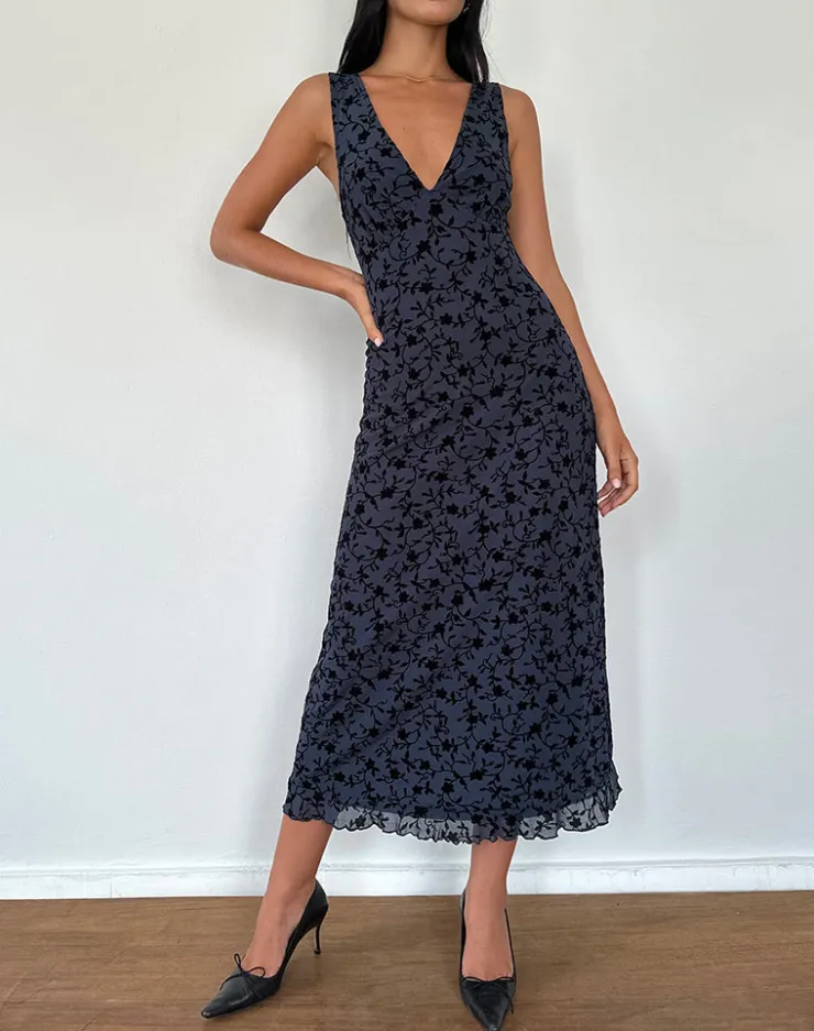 Women Motel Rocks Midi Dresses | Gabriela Midi Dress in Flocked Petal Navy