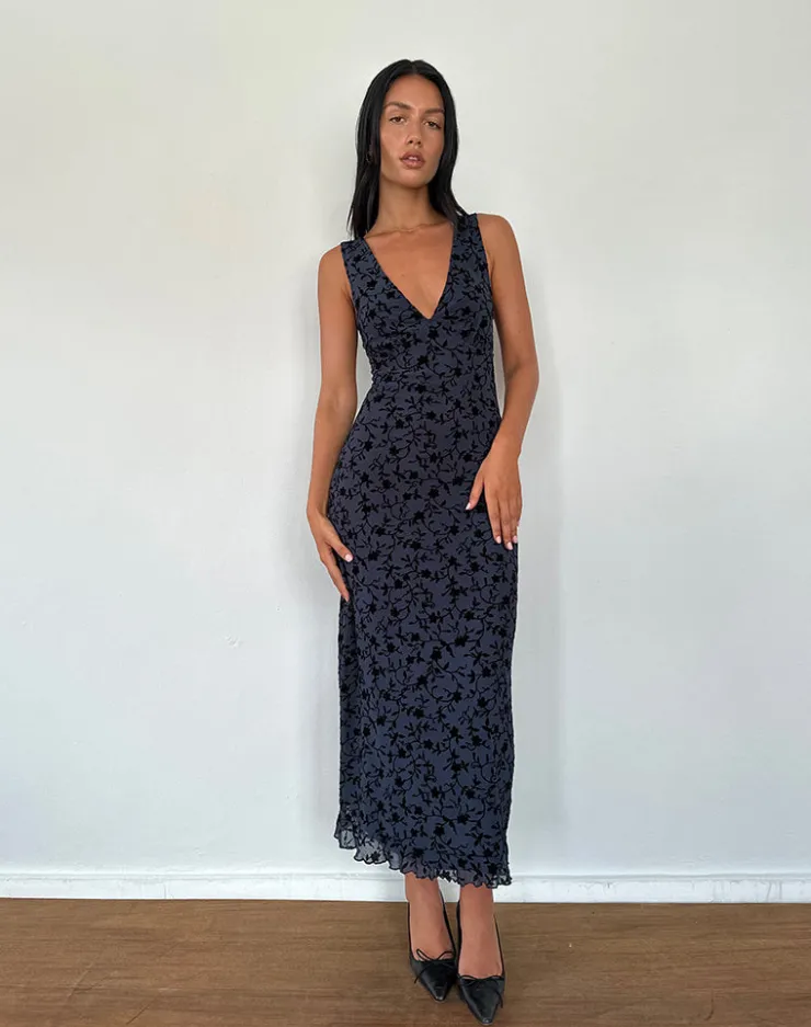 Women Motel Rocks Midi Dresses | Gabriela Midi Dress in Flocked Petal Navy