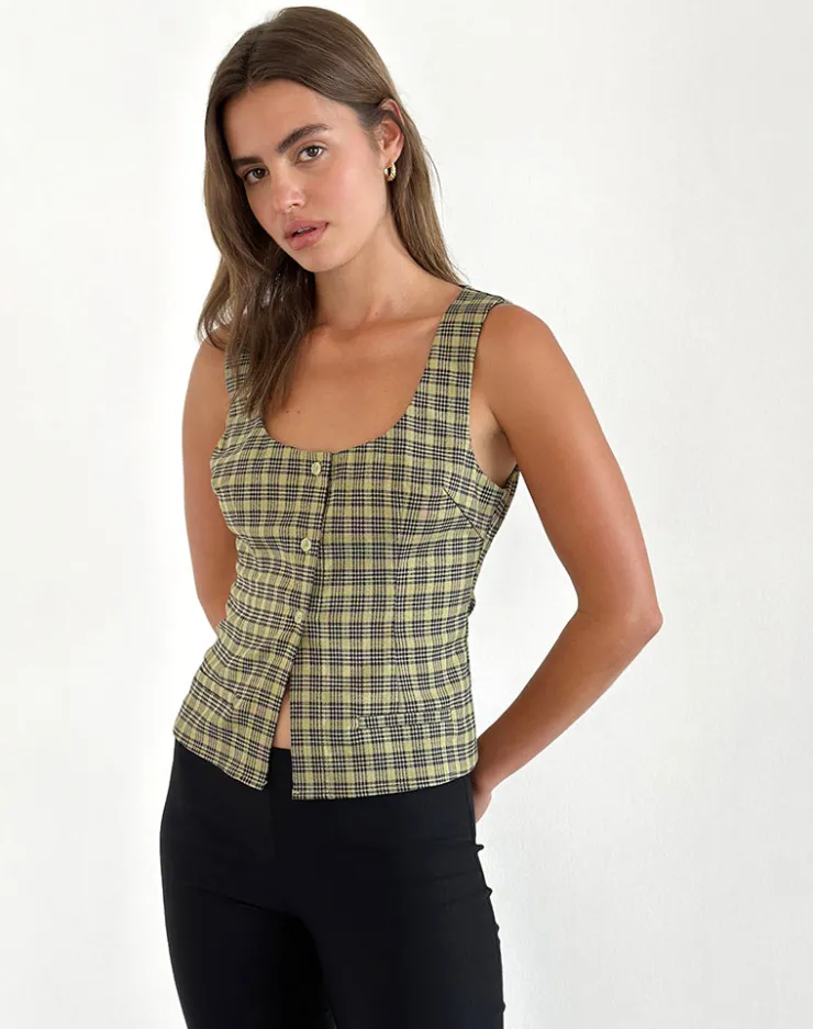 Women Motel Rocks Tailoring | Vest Tops | Ganita Button Through Vest Top in Yellow Check