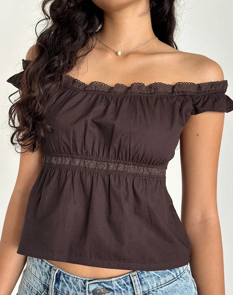 Women Motel Rocks Going Out Tops | Gapita Bardot Top in Poplin Deep Mahogany