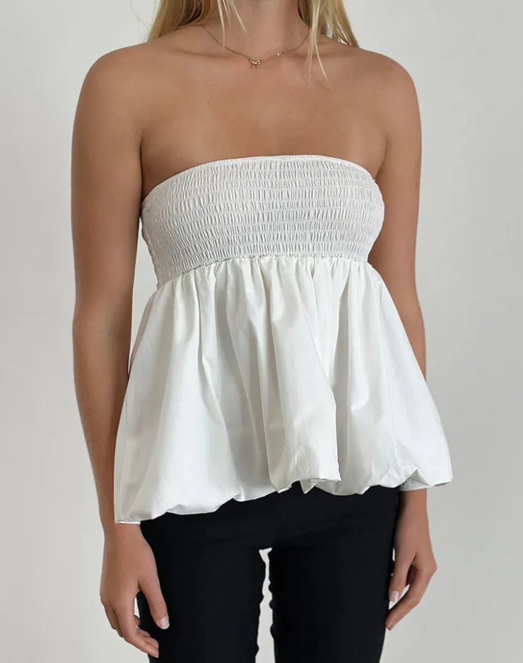 Women Motel Rocks Bandeau Tops | Gaux Puffball Shirred Top in Poplin Ivory