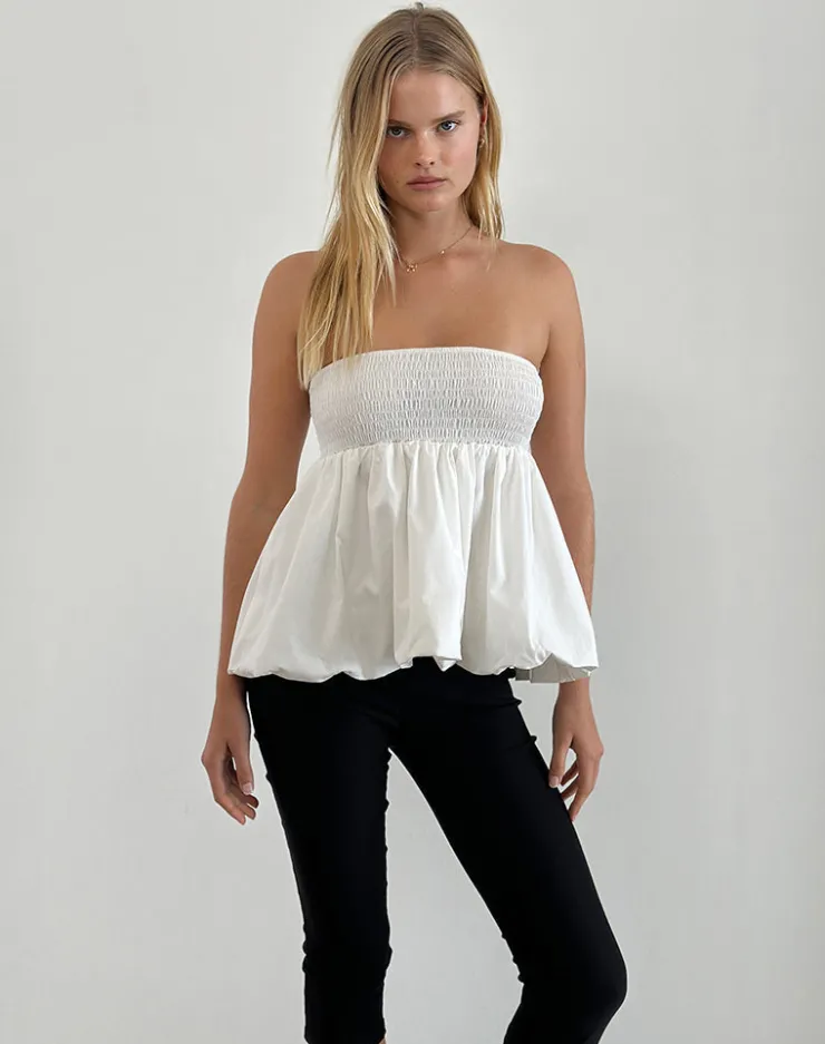 Women Motel Rocks Bandeau Tops | Gaux Puffball Shirred Top in Poplin Ivory