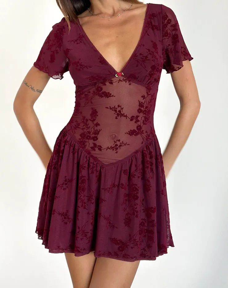 Women Motel Rocks Party Dresses | Mini Dresses | Geni Mini Dress in Botanical Flower Maroon