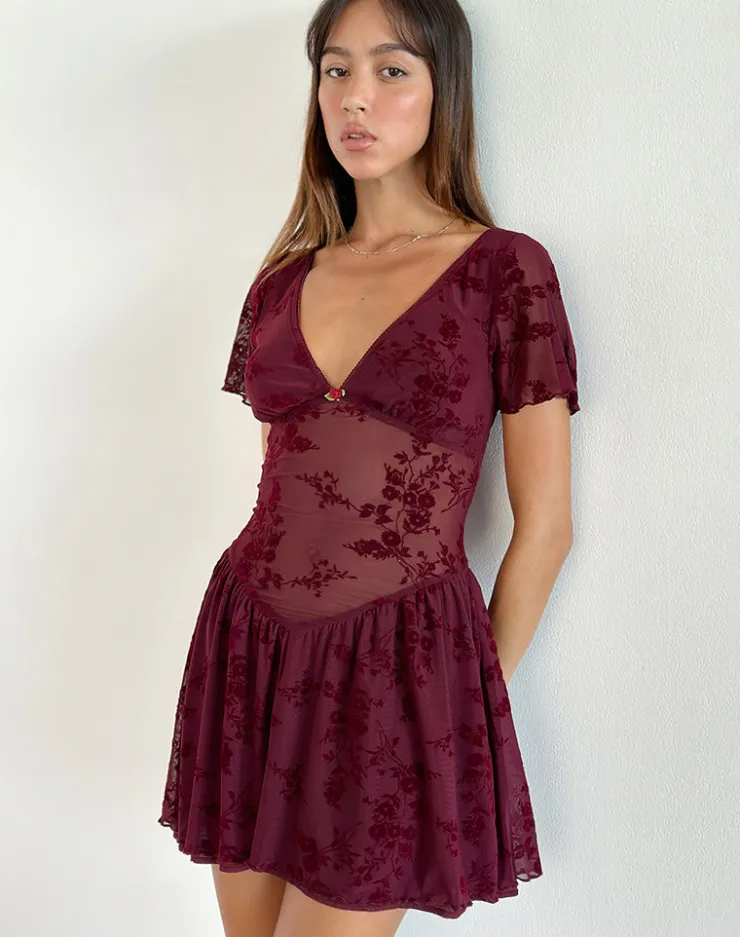 Women Motel Rocks Party Dresses | Mini Dresses | Geni Mini Dress in Botanical Flower Maroon