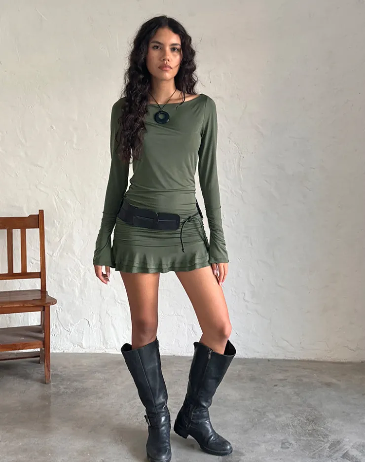 Women Motel Rocks Basics | Bandeau Dresses | Gillian Long Sleeve Mini Dress in Slinky Khaki