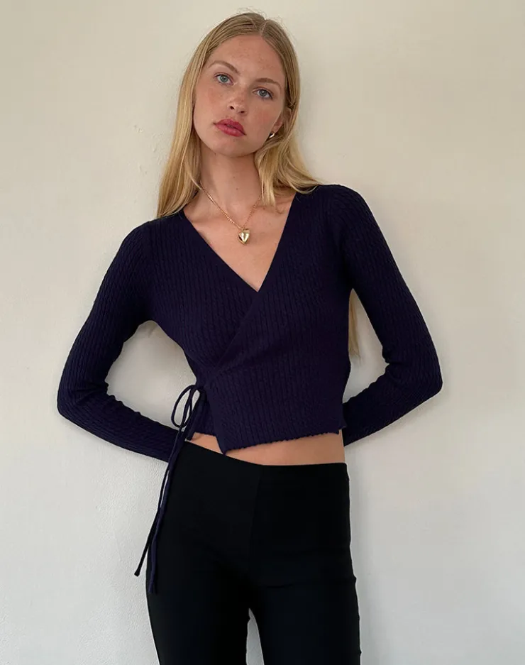 Women Motel Rocks Cardigans | Long Sleeve Tops | Gisela Knitted Wrap Cardigan in Midnight Blue