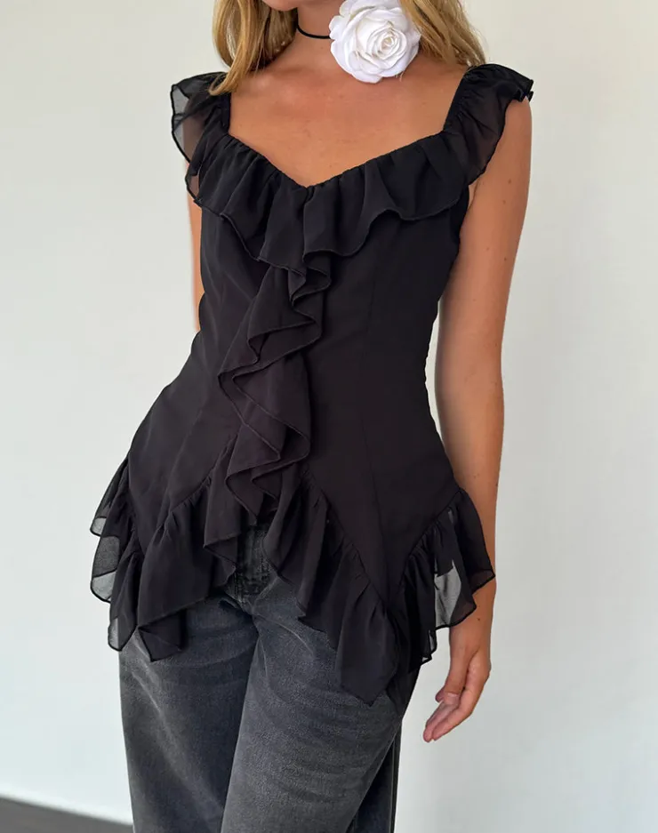 Women Motel Rocks Going Out Tops | Glaiza Ruffle Cami Top in Black