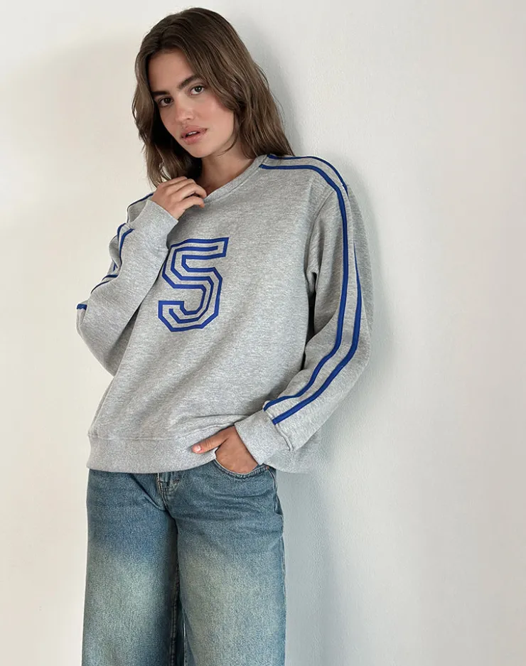 Women Motel Rocks Hoodies & Sweatshirts | LOUNGEWEAR | Govel Sweatshirt in Grey Marl with Cobalt Blue 5 Motif