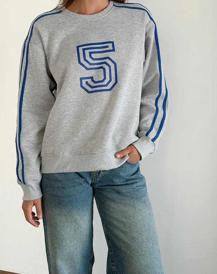 Women Motel Rocks Hoodies & Sweatshirts | LOUNGEWEAR | Govel Sweatshirt in Grey Marl with Cobalt Blue 5 Motif