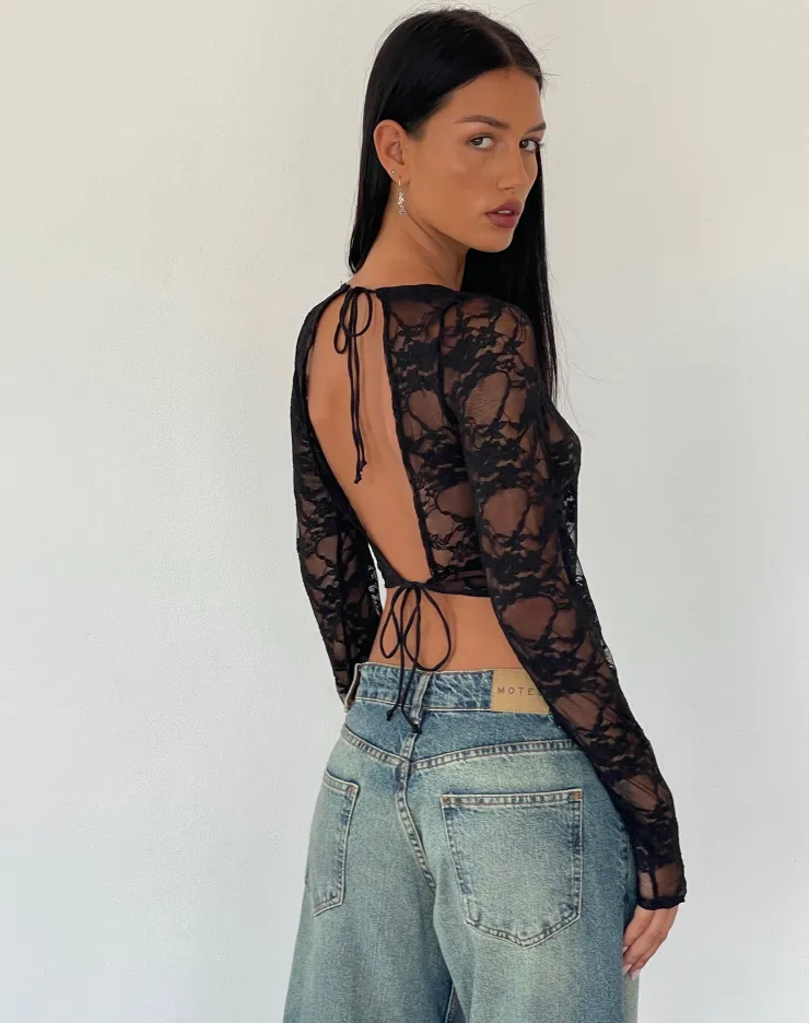 Women Motel Rocks Long Sleeve Tops | Lace Tops | Grizelda Backless Long Sleeve Top in Black Abstract Lace