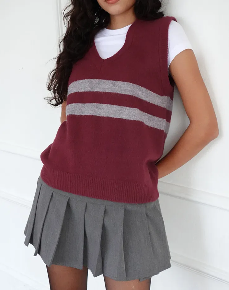 Women Motel Rocks Vest Tops | Guria Vest in Maroon Red with Grey Stripe