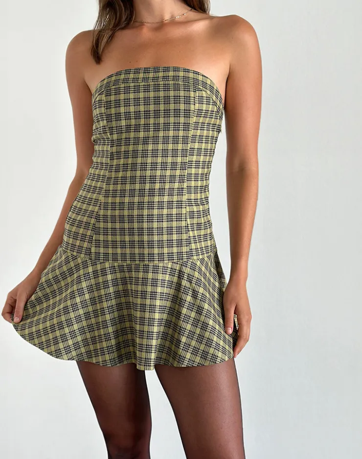 Women Motel Rocks Tailoring | Printed Dresses | Hadia Bandeau Mini Dress in Check Yellow