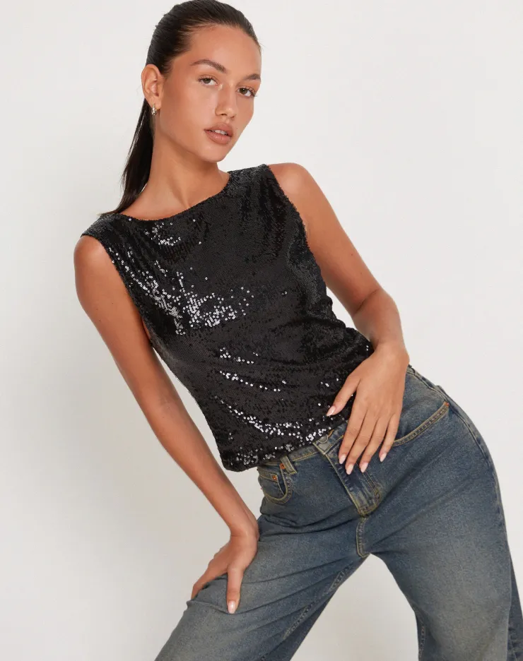 Women Motel Rocks Vest Tops | Sequin Tops | Hala Crop Vest Top in Black Sequin