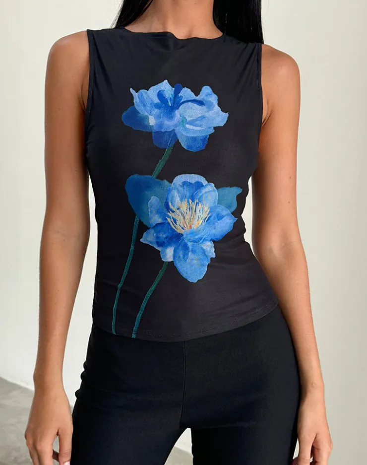 Women Motel Rocks Vest Tops | Printed Tops | Hala Top in Black with Blue Watercolour Flower