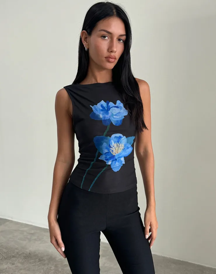 Women Motel Rocks Vest Tops | Printed Tops | Hala Top in Black with Blue Watercolour Flower