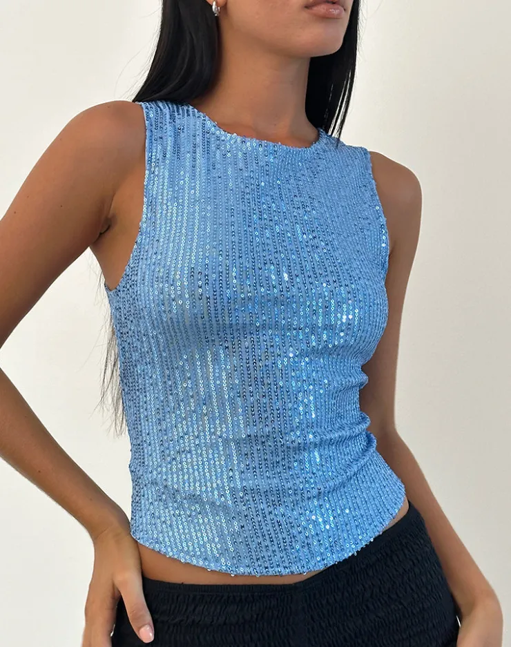 Women Motel Rocks Co-ords | Vest Tops | Hala Top in Drape Mini Sequin Light Blue