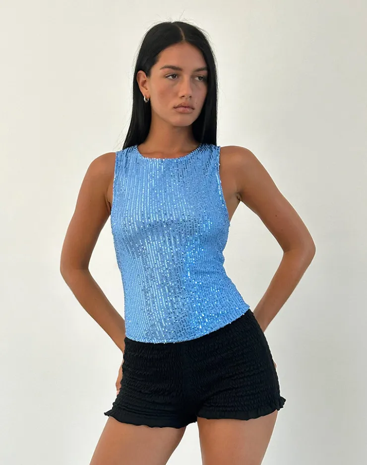 Women Motel Rocks Co-ords | Vest Tops | Hala Top in Drape Mini Sequin Light Blue