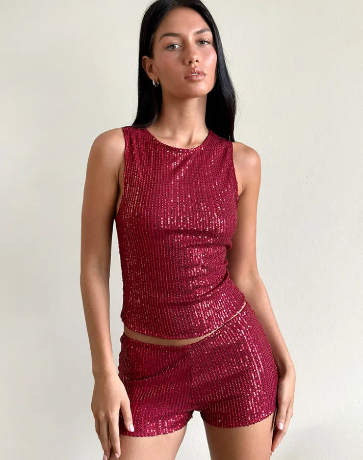 Women Motel Rocks Co-ords | Vest Tops | Hala Top in Drape Mini Sequin Maroon