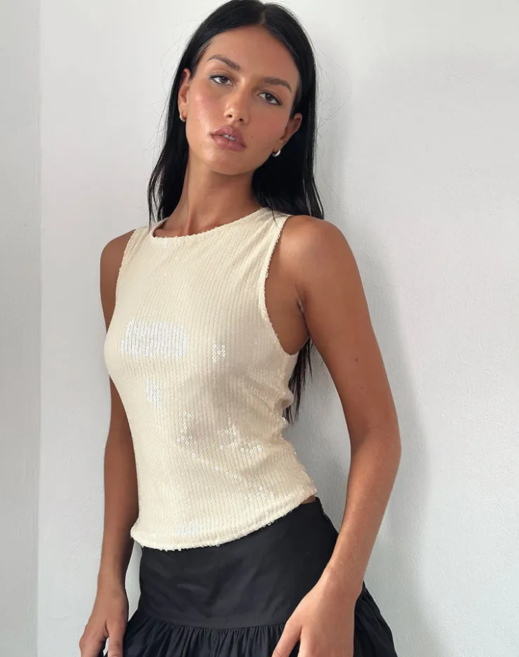 Women Motel Rocks Vest Tops | Going Out Tops | Hala Top in Nude Clear Tinted Sequin