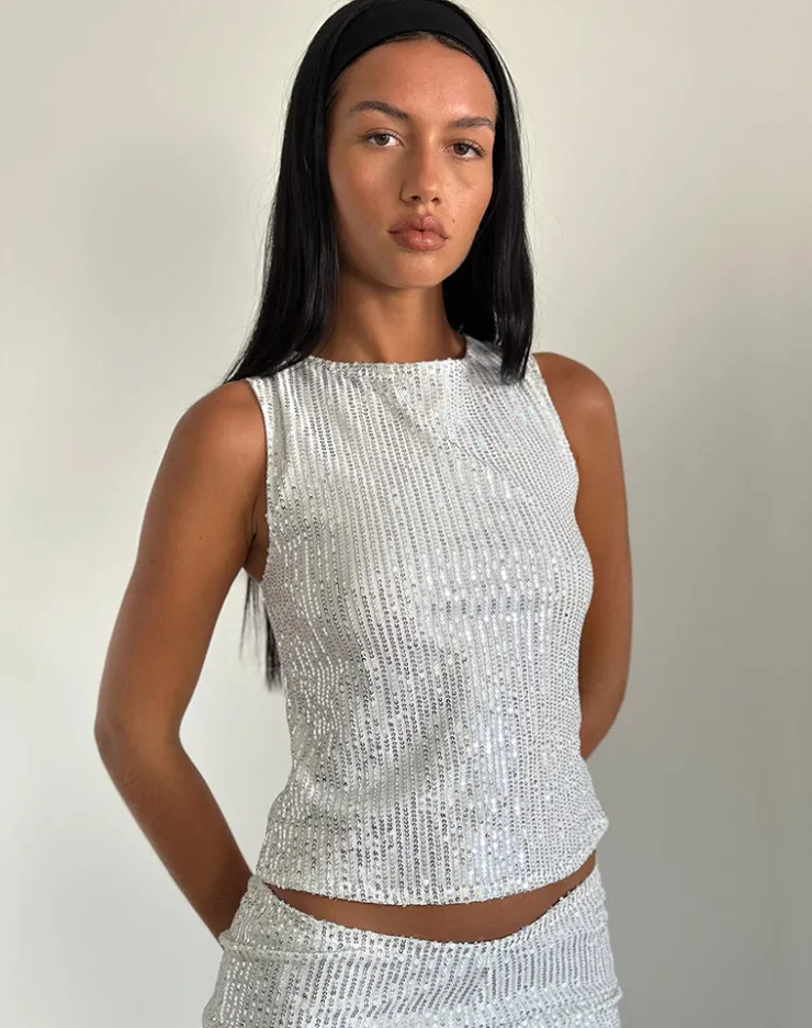 Women Motel Rocks Co-ords | Sequin Tops | Hala Top in Silver Chrome Drape Mini Sequin