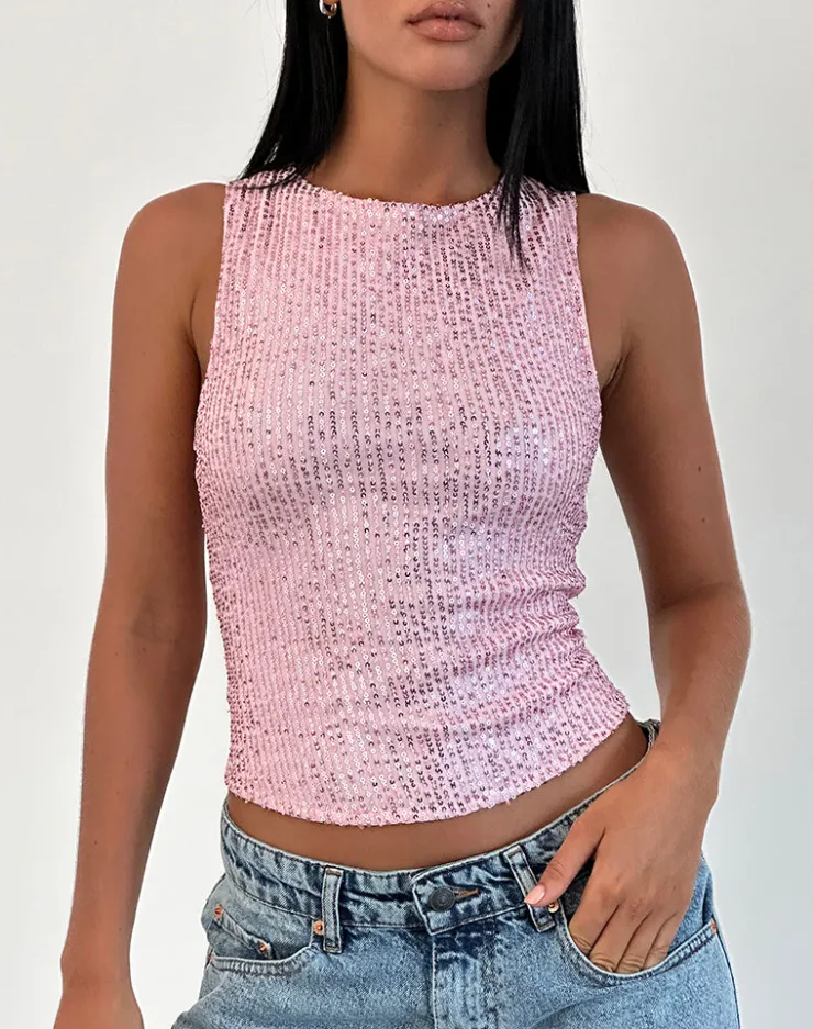 Women Motel Rocks Co-ords | Vest Tops | Hala Vest Top in Pink Mini Sequin