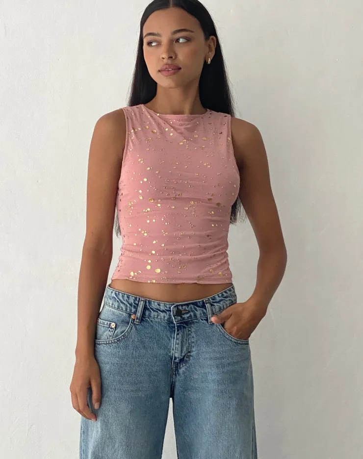 Women Motel Rocks Vest Tops | Printed Tops | Hala Vest Top in Pink with Rose Gold Foil