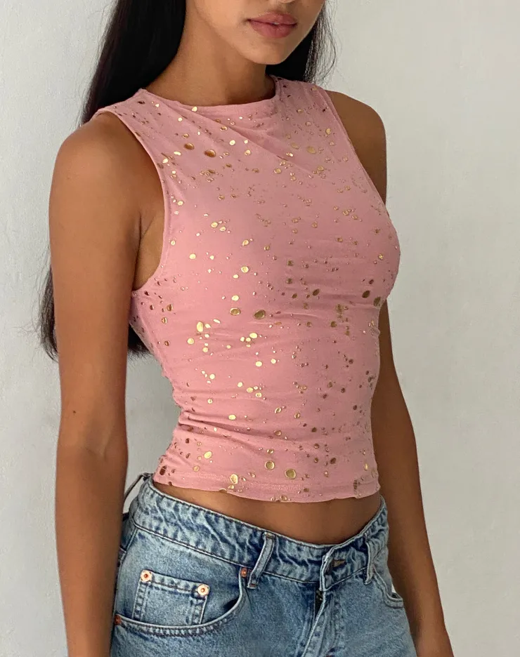 Women Motel Rocks Vest Tops | Printed Tops | Hala Vest Top in Pink with Rose Gold Foil