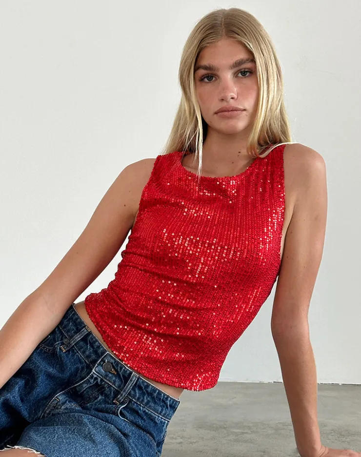 Women Motel Rocks Co-ords | Vest Tops | Hala Vest Top in Red Drape Mini Sequin