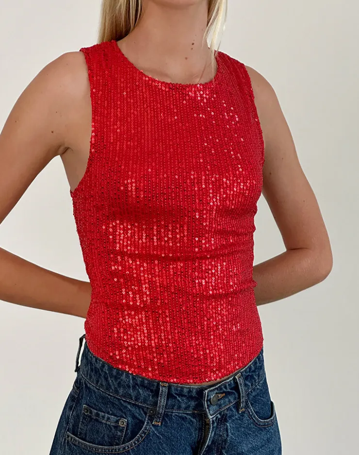 Women Motel Rocks Co-ords | Vest Tops | Hala Vest Top in Red Drape Mini Sequin