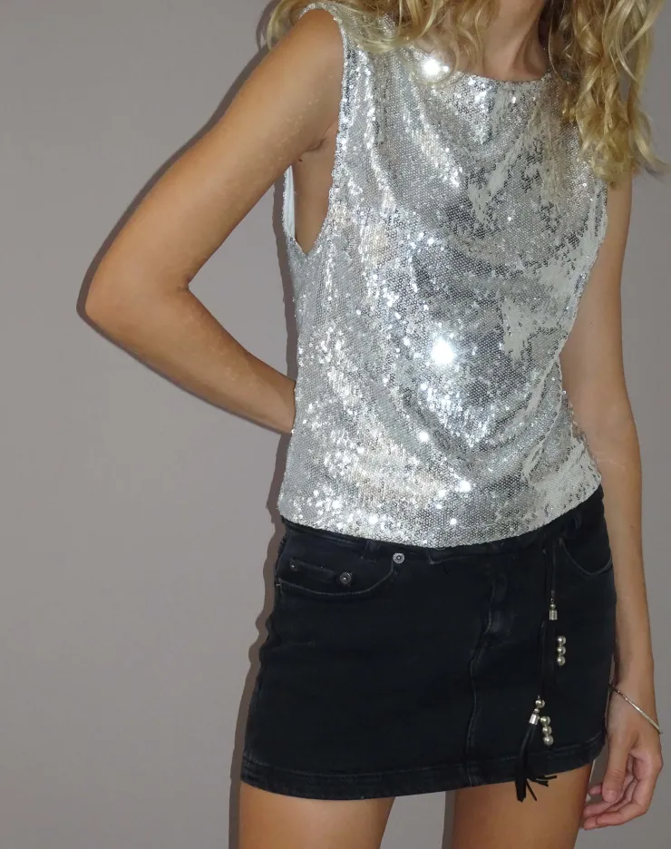 Women Motel Rocks Vest Tops | Sequin Tops | Hala Vest Top in Silver Chrome