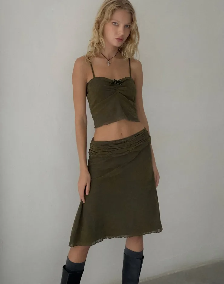 Women Motel Rocks Strappy Tops | Halusi Crop Top in Abstract Botanic Dark Olive