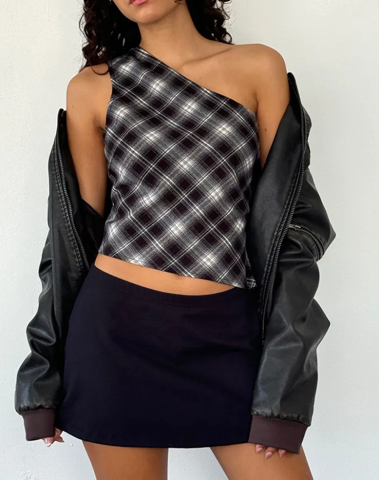 Women Motel Rocks Printed Tops | Going Out Tops | Harini One Shoulder Top in Black White Check