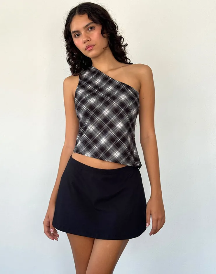 Women Motel Rocks Printed Tops | Going Out Tops | Harini One Shoulder Top in Black White Check