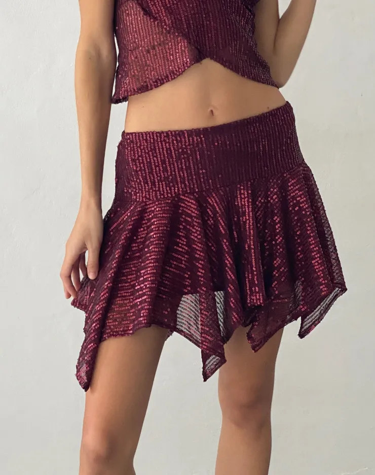 Women Motel Rocks Mini Skirts | Helga Waterfall Mini Skirt in Sequin Burgundy