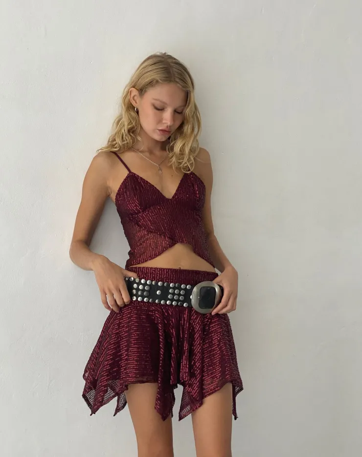 Women Motel Rocks Mini Skirts | Helga Waterfall Mini Skirt in Sequin Burgundy