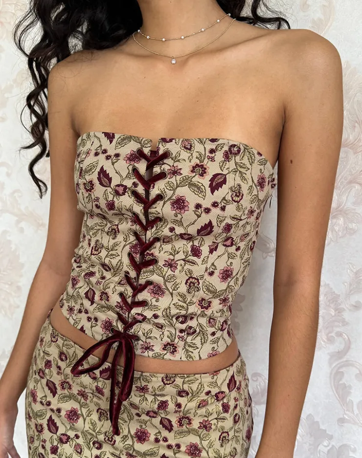 Women Motel Rocks Co-ords | Printed Tops | Heska Corset Top in Botanical Taupe