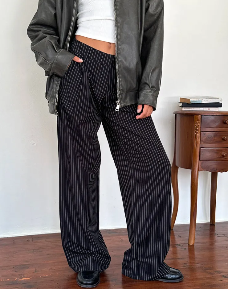 Women Motel Rocks Wide Leg Pants | Low Rise Pants | Hondra Trousers in Pinstripe Black