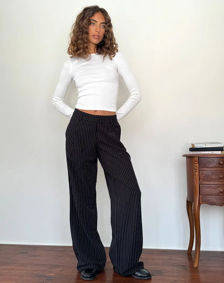 Women Motel Rocks Wide Leg Pants | Low Rise Pants | Hondra Trousers in Pinstripe Black