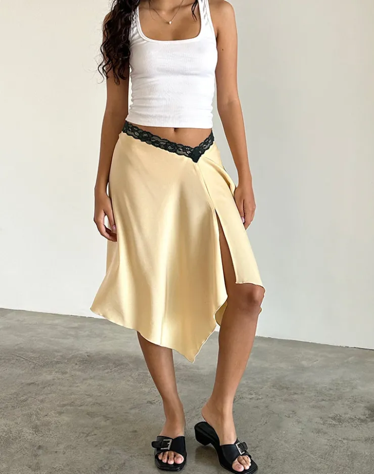 Women Motel Rocks Co-ords | A Line Skirts | Houda Midi Skirt in Buttermilk with Grey Lace