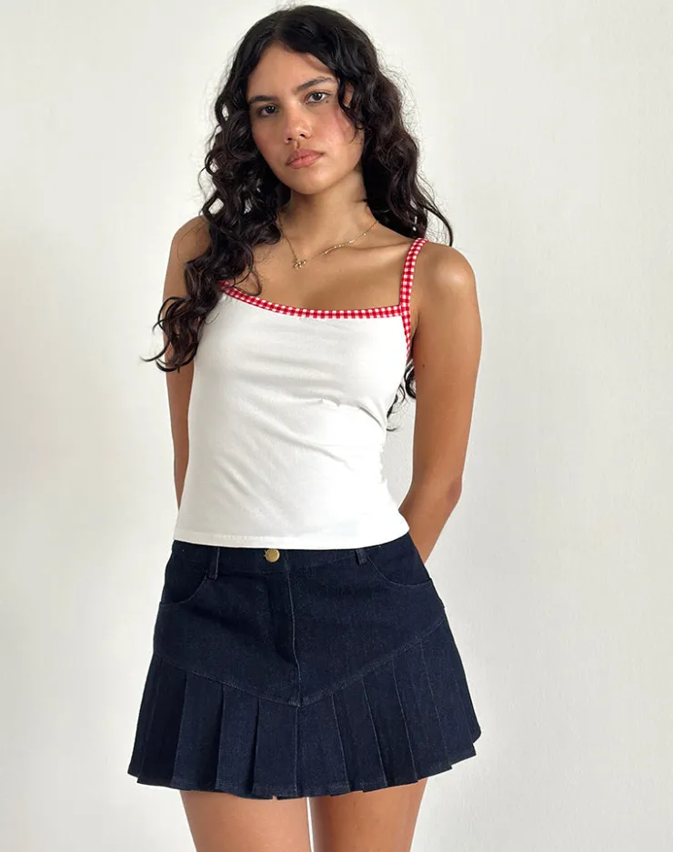 Women Motel Rocks Basic Tops | Strappy Tops | Ilisna Top in Off White with Red Gingham Binding