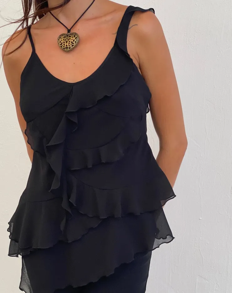 Women Motel Rocks Strappy Tops | Irama Asymmetric Ruffle Top in Black