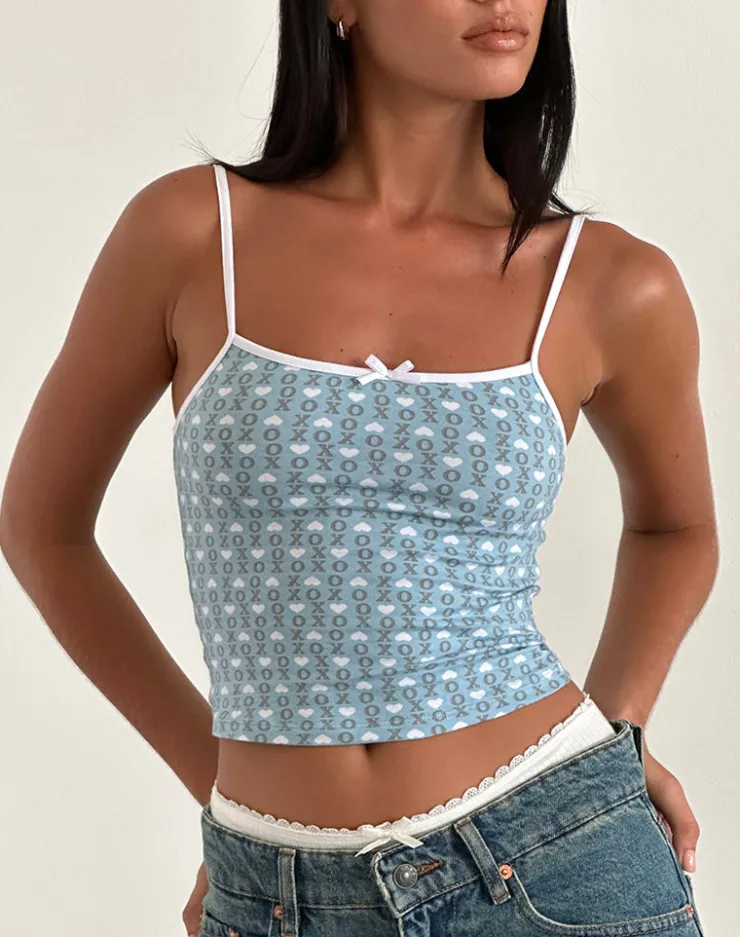 Women Motel Rocks Printed Tops | Strappy Tops | Isna Cami Top in Powder Blue XO Heart Print