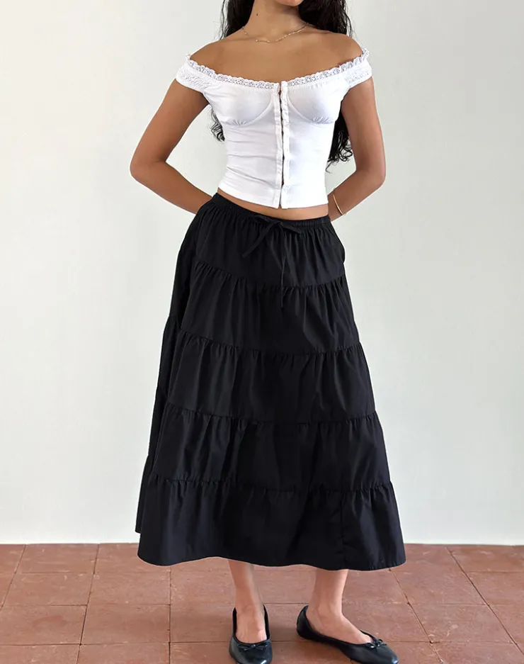 Women Motel Rocks Co-ords | Midi Skirts | Izumi Tiered Midi Skirt in Poplin Black